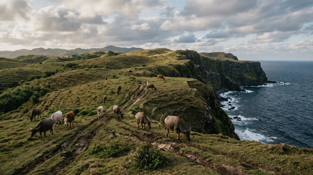 Carabao grazing on cliff-top pasture in South Batan, the landscape a Batanes travel cost buys you