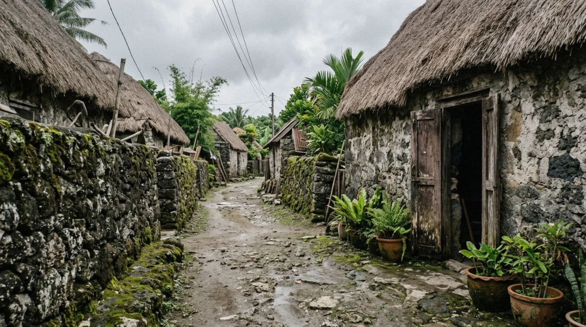 A lane of Ivatan stone houses under cogon-grass roofs in Savidug, Sabtang Island, Batanes, Philippines