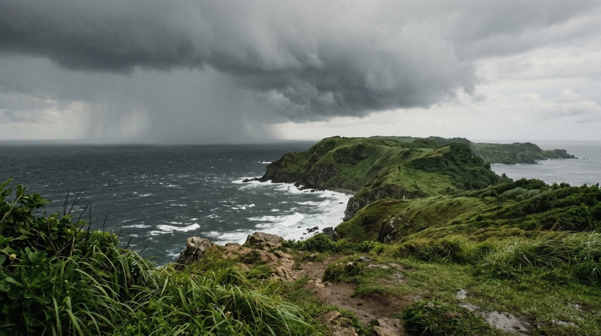 Storm cloud building over the coast in typhoon season, the months to avoid when choosing the best time to visit Batanes
